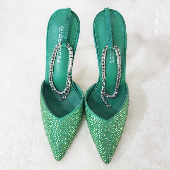 Berness Shoes - Simply Sexy Slip on Ankle Bracelet Green Rhinestone Pointy Toe High Heels